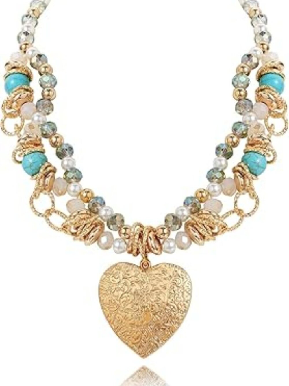 Trendy Retro Layered Statement Necklace‎ Turquoise with Heart Summer Style